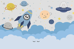 Tapet Personalizat Universul Spatial pentru Copii cu planete fericite in nuante de albastru - HAPPY PLANETS