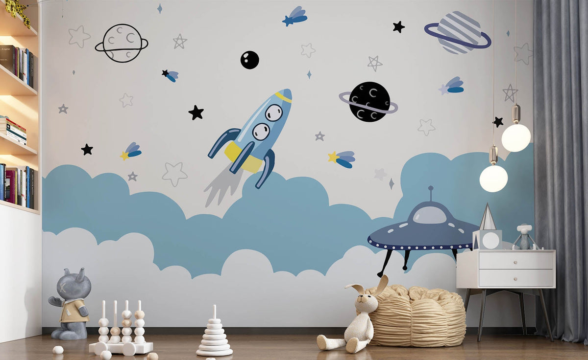 Tapet Personalizat Universul Spatial pentru Copii cu rachete si nave spatiale in nuante de albastru - SPACE ROCKETS