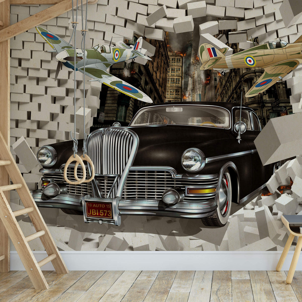 Tapet Personalizat Masini cu masina retro vintage si avioane de lupta evadand printr-un perete de piatra - THE GREAT ESCAPE