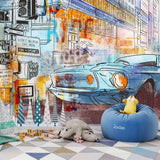 Tapet Personalizat Masini cu ilustratie colorata in stil pop art retro cu masina sport in nuante de albastru - RETRO POP ART RIDE