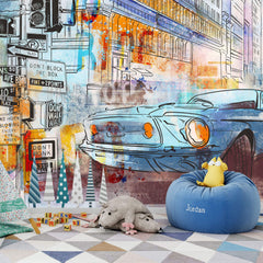 Tapet Personalizat Masini cu ilustratie colorata in stil pop art retro cu masina sport in nuante de albastru - RETRO POP ART RIDE