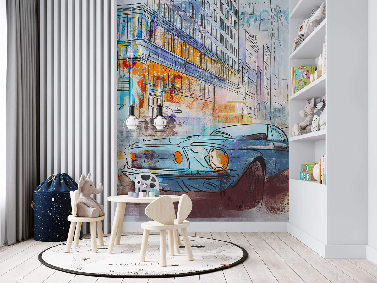 Tapet Personalizat Masini cu ilustratie colorata in stil pop art retro cu masina sport in nuante de albastru - RETRO POP ART RIDE