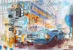 Tapet Personalizat Masini cu ilustratie colorata in stil pop art retro cu masina sport in nuante de albastru - RETRO POP ART RIDE