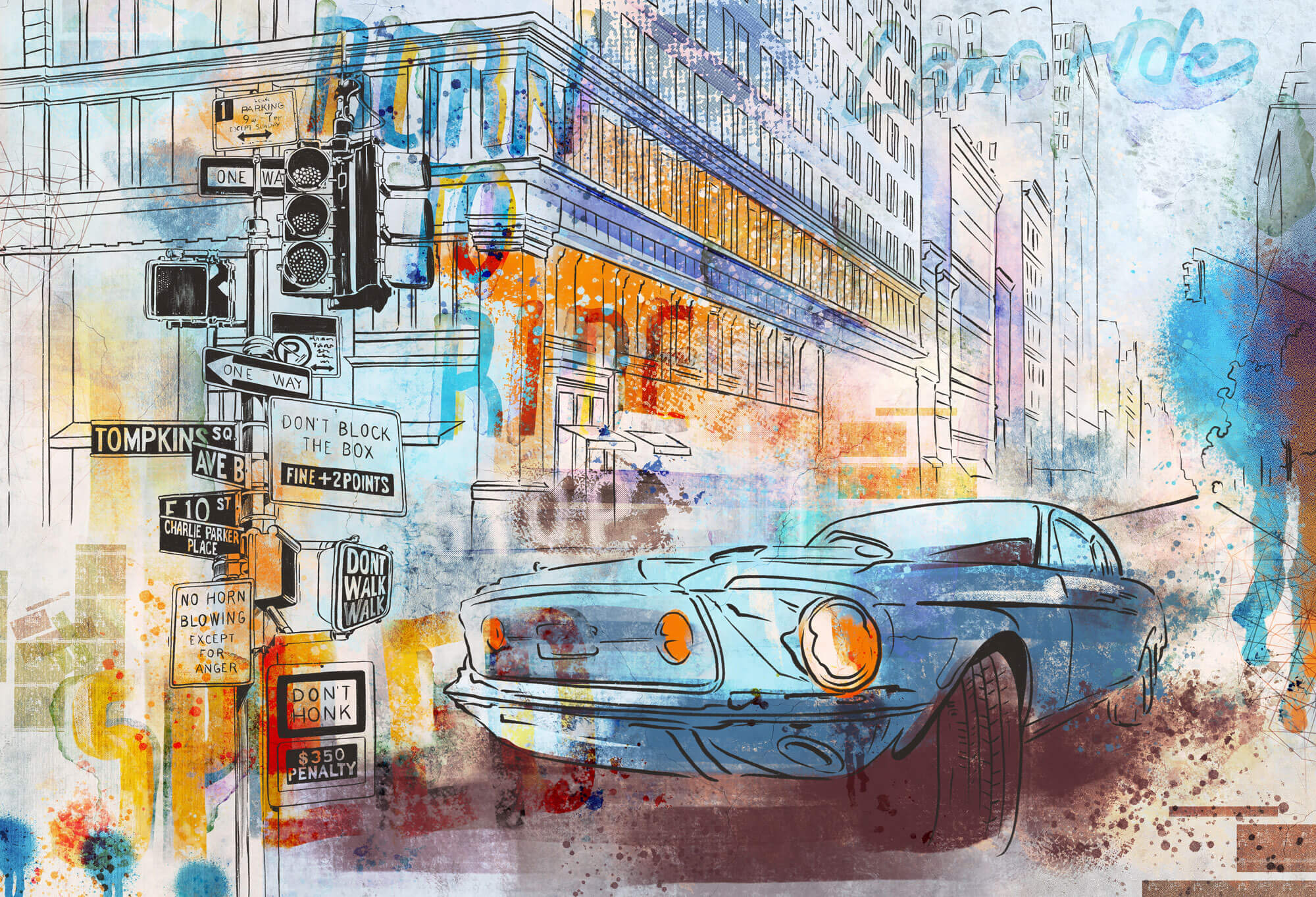 Tapet Personalizat Masini cu ilustratie colorata in stil pop art retro cu masina sport in nuante de albastru - RETRO POP ART RIDE