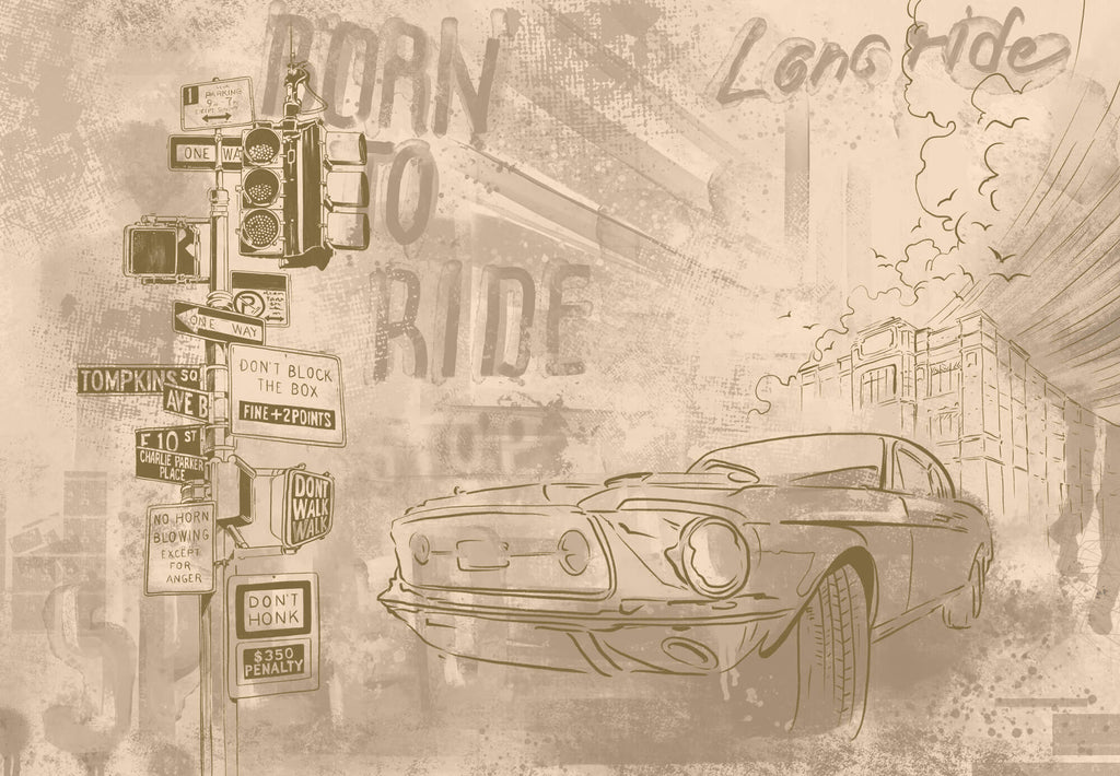 Tapet Personalizat Masini cu masina intr-o ilustratie in nuante sepia - DUSTY TOWN RIDE