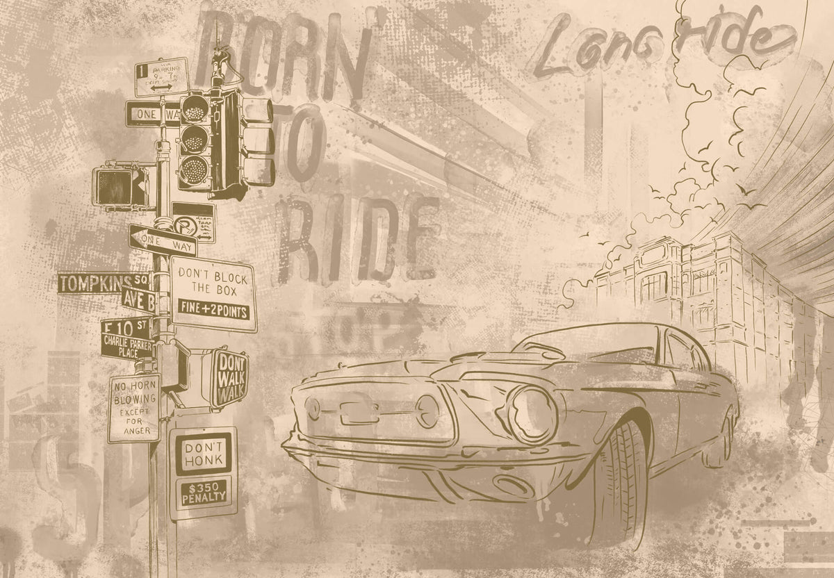 Tapet Personalizat Masini cu masina intr-o ilustratie in nuante sepia - DUSTY TOWN RIDE