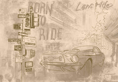 Tapet Personalizat Masini cu masina intr-o ilustratie in nuante sepia - DUSTY TOWN RIDE