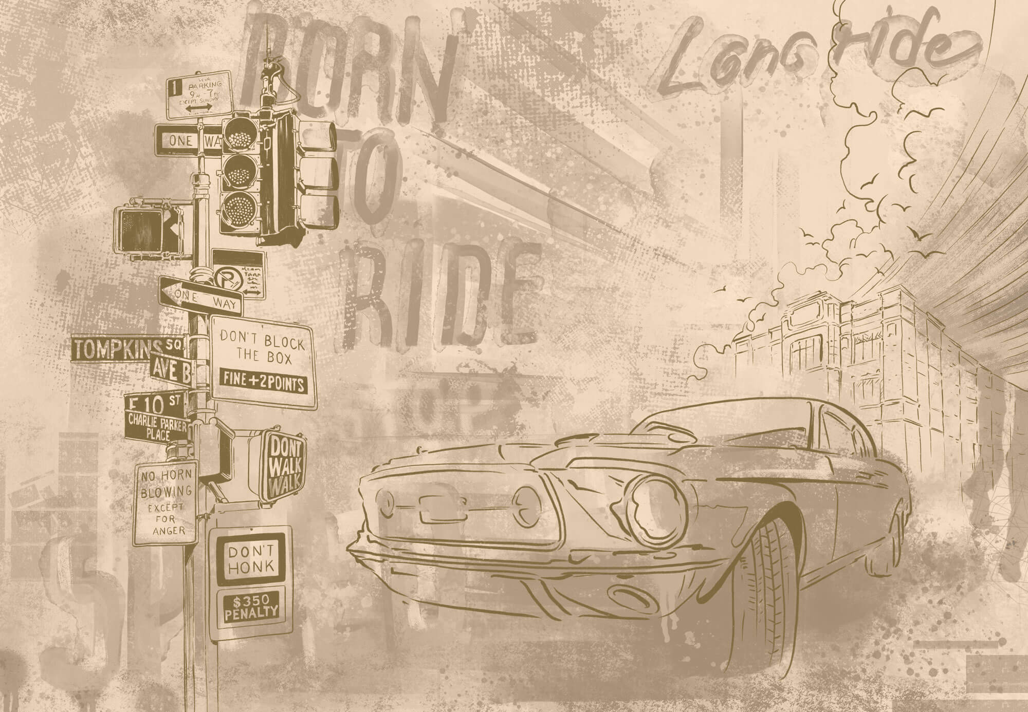 Tapet Personalizat Masini cu masina intr-o ilustratie in nuante sepia - DUSTY TOWN RIDE