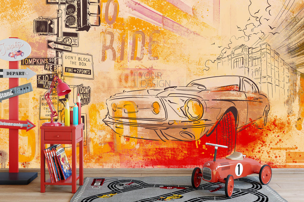 Tapet Personalizat Masini cu o masina sport intr-o ilustratie colorata in nuante de rosu si portocaliu - FIRE RIDE