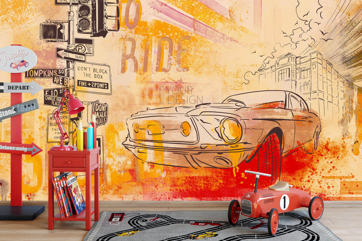 Tapet Personalizat Masini cu o masina sport intr-o ilustratie colorata in nuante de rosu si portocaliu - FIRE RIDE