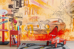 Tapet Personalizat Masini cu o masina sport intr-o ilustratie colorata in nuante de rosu si portocaliu - FIRE RIDE