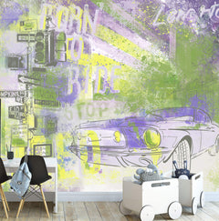 Tapet Personalizat Masini cu ilustratie colorata in stil graffiti cu masina sport in nuante de mov si verde - GRAFFITI SPEED