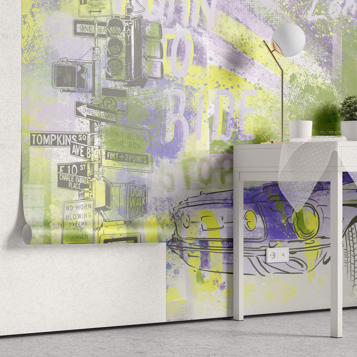 Tapet Personalizat Masini cu ilustratie colorata in stil graffiti cu masina sport in nuante de mov si verde - GRAFFITI SPEED