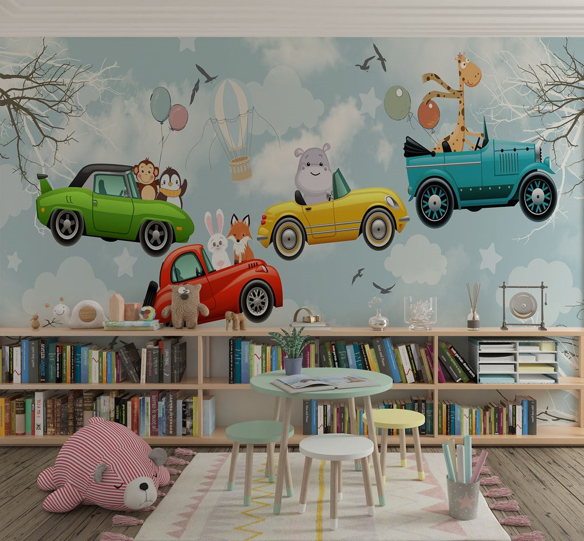 Tapet Personalizat Masini cu masini colorate cu animalute zburand pe cer - FLYING CARS