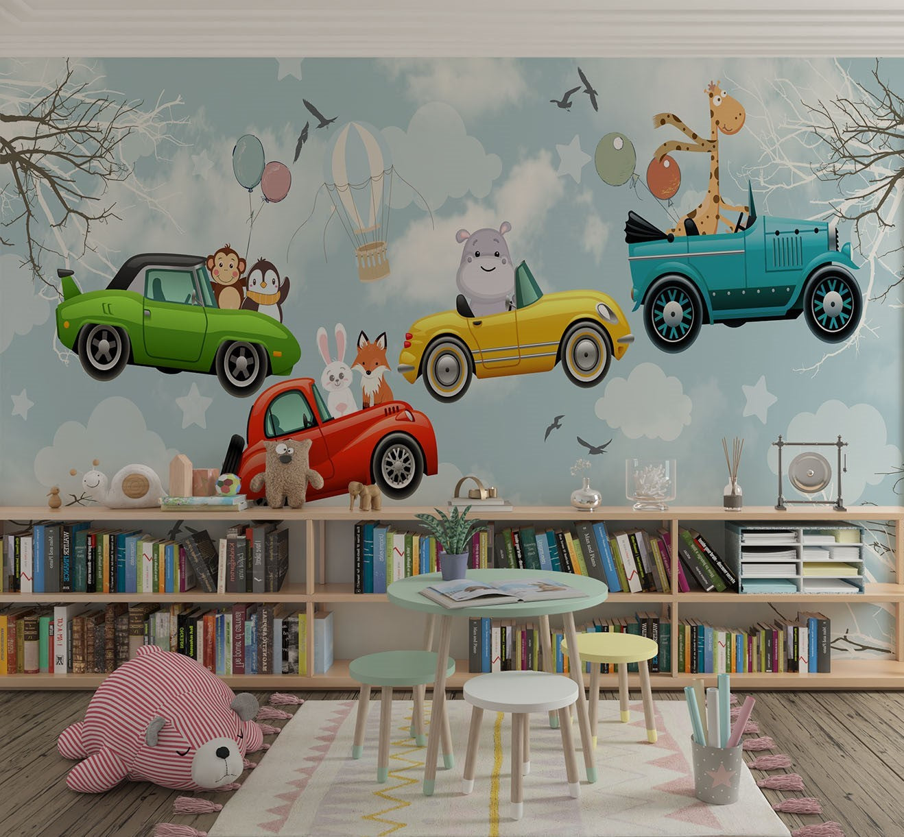 Tapet Personalizat Masini cu masini colorate cu animalute zburand pe cer - FLYING CARS