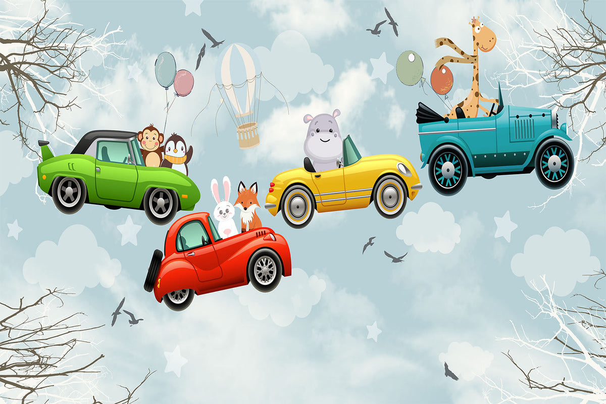 Tapet Personalizat Masini cu masini colorate cu animalute zburand pe cer - FLYING CARS