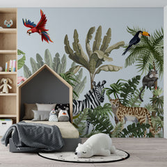 Tapet personalizat jungla amazoniana pentru copii cu peisaj safari cu animale exotice girafe capre negre safari sketch