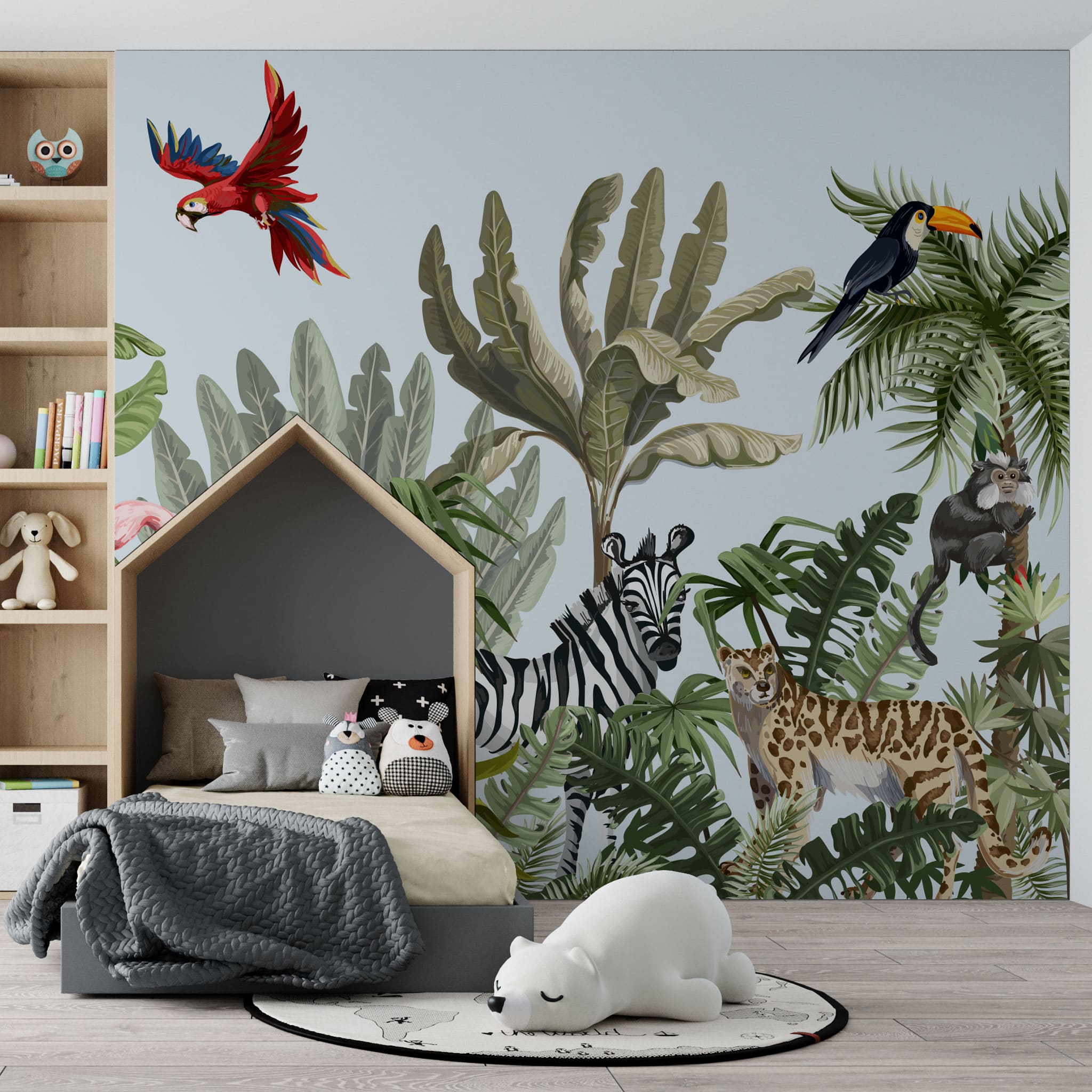 Tapet personalizat jungla amazoniana pentru copii cu peisaj safari cu animale exotice girafe capre negre safari sketch