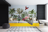 Tapet personalizat jungla amazoniana pentru copii cu plante tropicale si animale exotice printre care zebre leoparzi papagali colorati maimute flamingo exotic amazon
