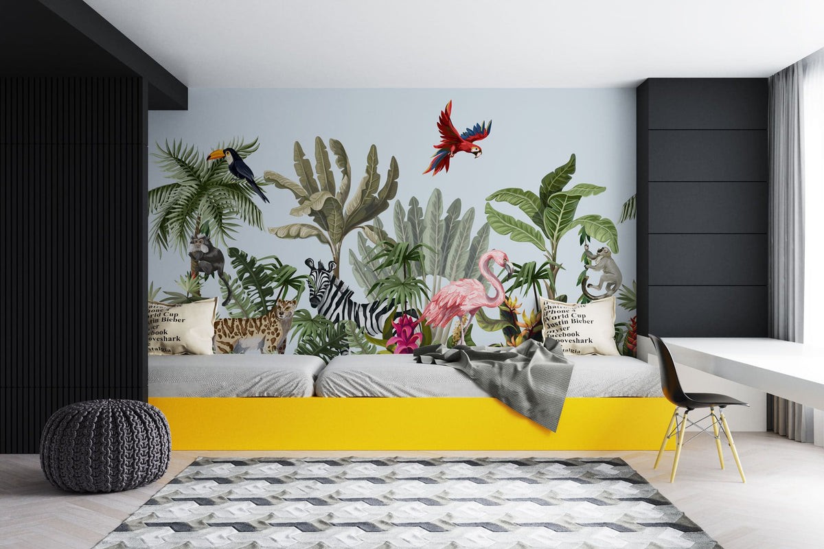 Tapet personalizat jungla amazoniana pentru copii cu plante tropicale si animale exotice printre care zebre leoparzi papagali colorati maimute flamingo exotic amazon