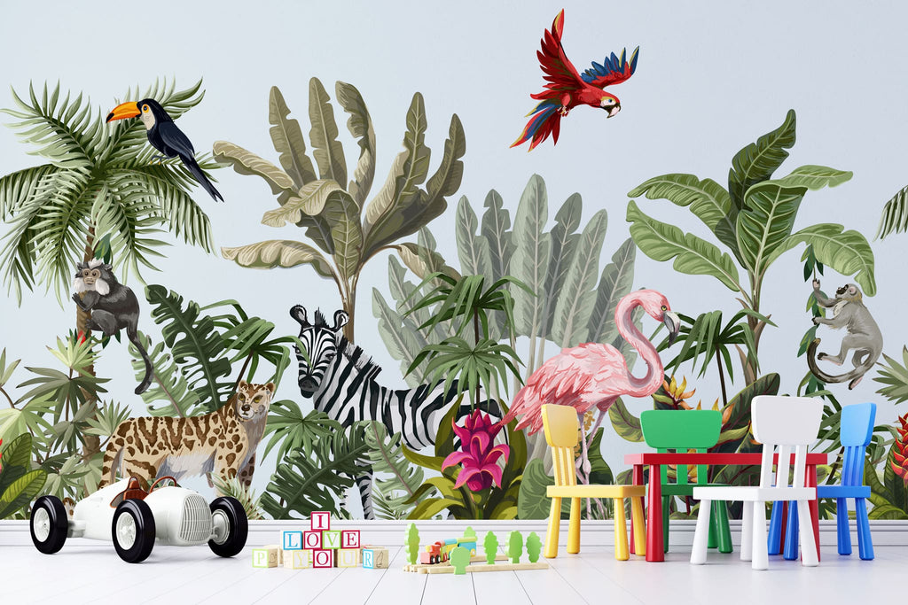 Tapet personalizat jungla amazoniana pentru copii cu plante tropicale si animale exotice printre care zebre leoparzi papagali colorati maimute flamingo exotic amazon