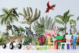 Tapet personalizat jungla amazoniana pentru copii cu plante tropicale si animale exotice printre care zebre leoparzi papagali colorati maimute flamingo exotic amazon