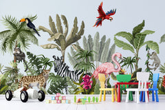 Tapet personalizat jungla amazoniana pentru copii cu plante tropicale si animale exotice printre care zebre leoparzi papagali colorati maimute flamingo exotic amazon