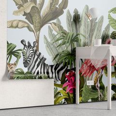 Tapet personalizat jungla amazoniana pentru copii cu plante tropicale si animale exotice printre care zebre leoparzi papagali colorati maimute flamingo exotic amazon