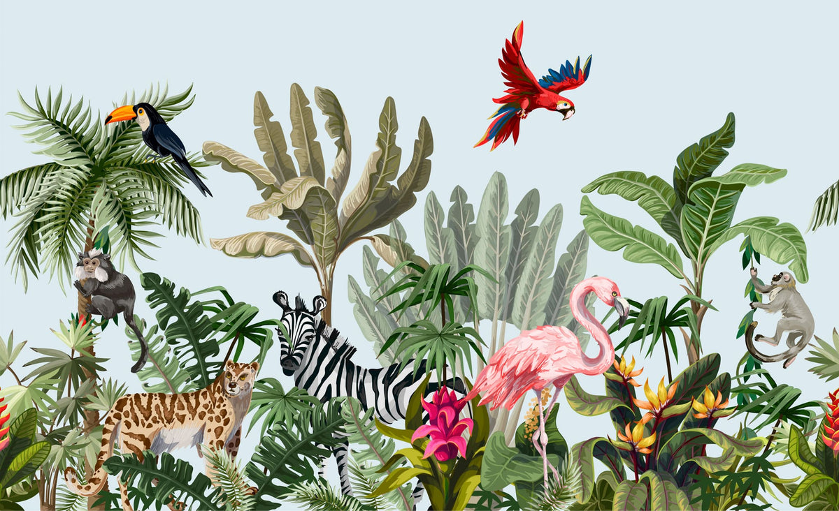 Tapet personalizat jungla amazoniana pentru copii cu plante tropicale si animale exotice printre care zebre leoparzi papagali colorati maimute flamingo exotic amazon