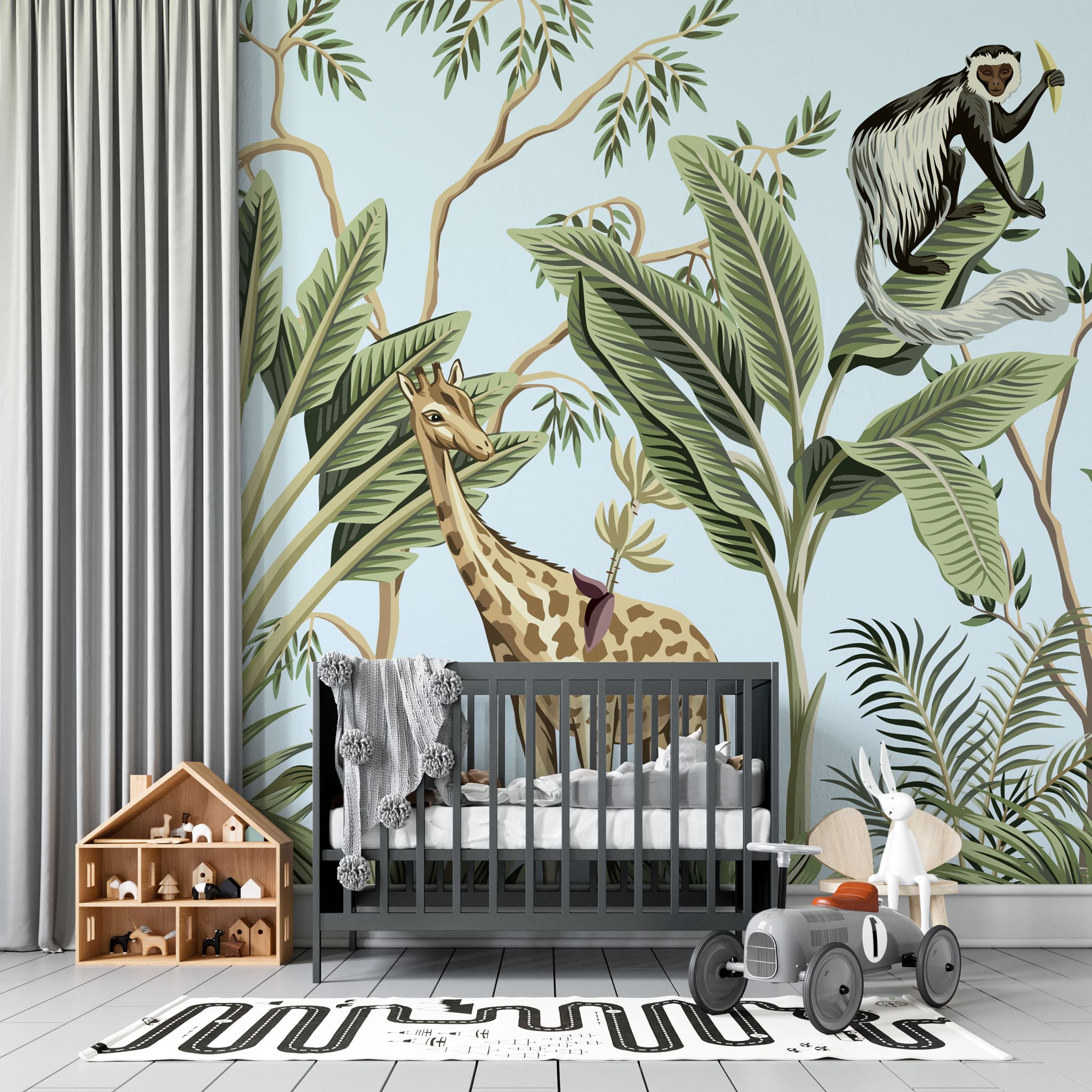 Tapet personalizat jungla amazoniana pentru copii cu plante tropicale si animale exotice printre care zebre leoparzi papagali colorati maimute flamingo exotic amazon
