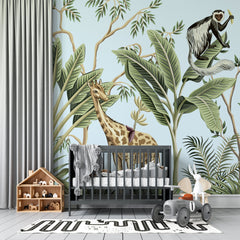 Tapet personalizat jungla amazoniana cu pentru copii palmieri bananieri plante tropicale si animale exotice printre care zebre leoparzi elefanti maimute jungle landscape