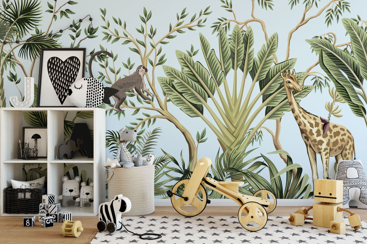 Tapet personalizat jungla amazoniana pentru copii cu plante tropicale si animale exotice printre care zebre leoparzi papagali colorati maimute flamingo exotic amazon