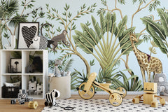 Tapet personalizat jungla amazoniana pentru copii cu plante tropicale si animale exotice printre care zebre leoparzi papagali colorati maimute flamingo exotic amazon