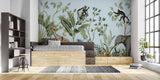 Tapet personalizat jungla amazoniana pentru copii cu plante tropicale si animale exotice printre care zebre leoparzi papagali colorati maimute flamingo exotic amazon