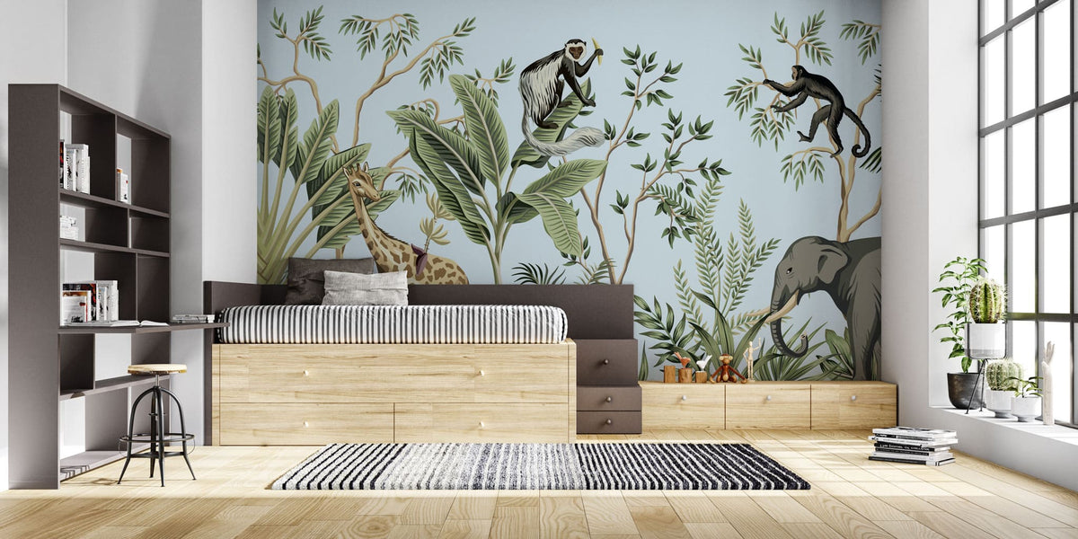 Tapet personalizat jungla amazoniana pentru copii cu plante tropicale si animale exotice printre care zebre leoparzi papagali colorati maimute flamingo exotic amazon