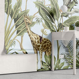 Tapet personalizat jungla amazoniana pentru copii cu plante tropicale si animale exotice printre care zebre leoparzi papagali colorati maimute flamingo exotic amazon