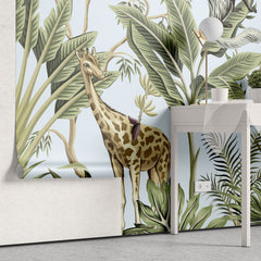 Tapet personalizat jungla amazoniana pentru copii cu plante tropicale si animale exotice printre care zebre leoparzi papagali colorati maimute flamingo exotic amazon