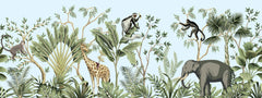 Tapet personalizat jungla amazoniana pentru copii cu plante tropicale si animale exotice printre care zebre leoparzi papagali colorati maimute flamingo exotic amazon