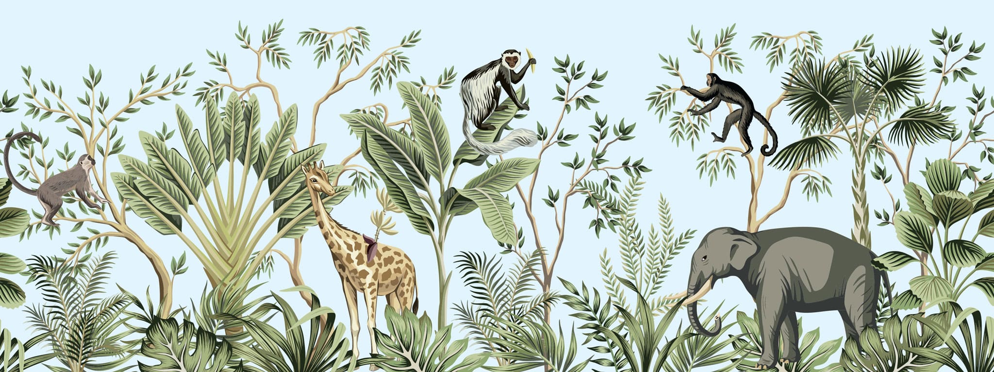 Tapet personalizat jungla amazoniana pentru copii cu plante tropicale si animale exotice printre care zebre leoparzi papagali colorati maimute flamingo exotic amazon