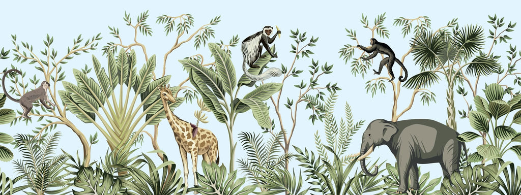 Tapet personalizat jungla amazoniana cu pentru copii palmieri bananieri plante tropicale si animale exotice printre care zebre leoparzi elefanti maimute jungle landscape