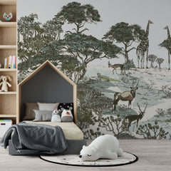 Tapet personalizat jungla amazoniana pentru copii cu peisaj safari cu animale exotice girafe capre negre safari sketch