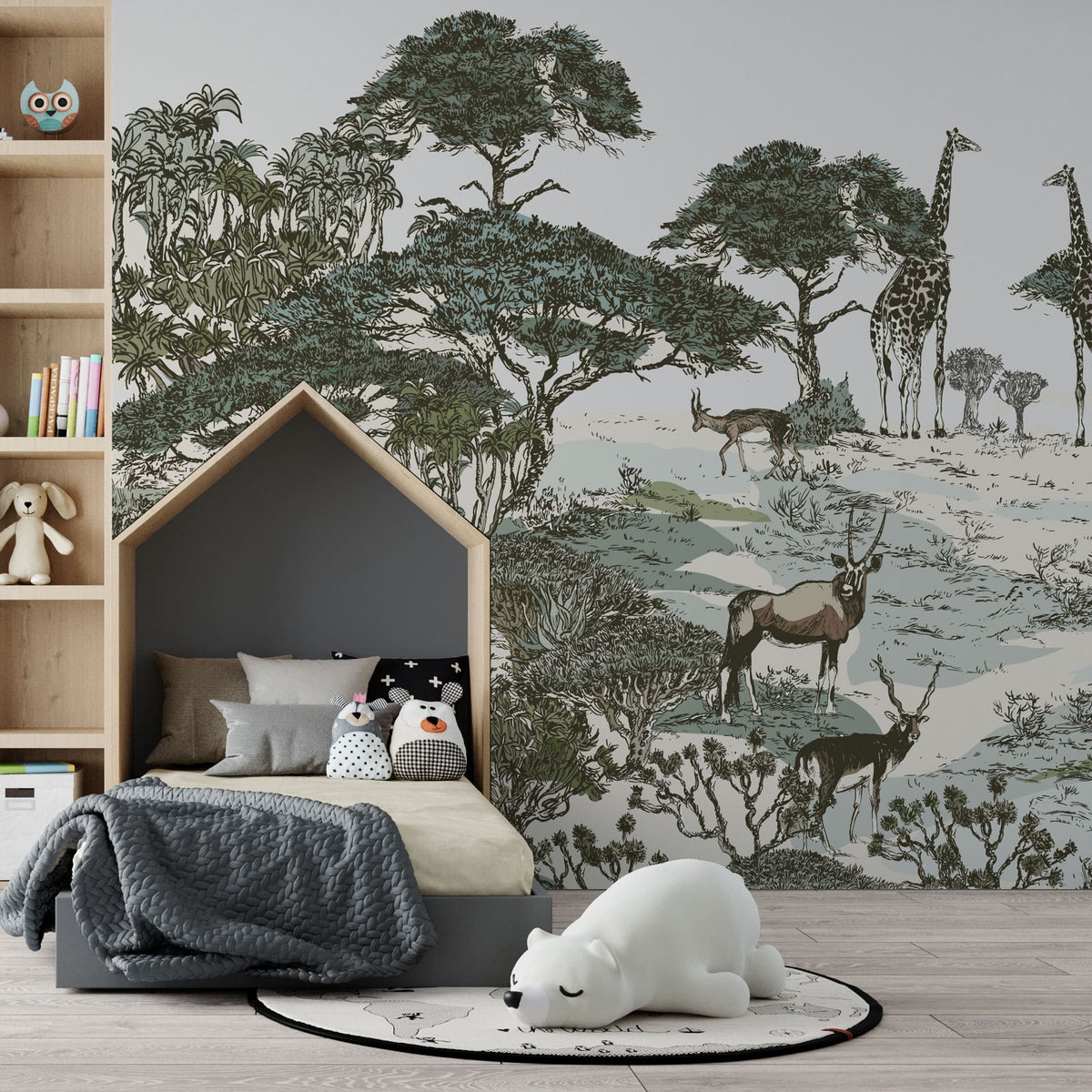 Tapet personalizat jungla amazoniana cu pentru copii palmieri bananieri plante tropicale si animale exotice printre care zebre leoparzi elefanti maimute jungle landscape