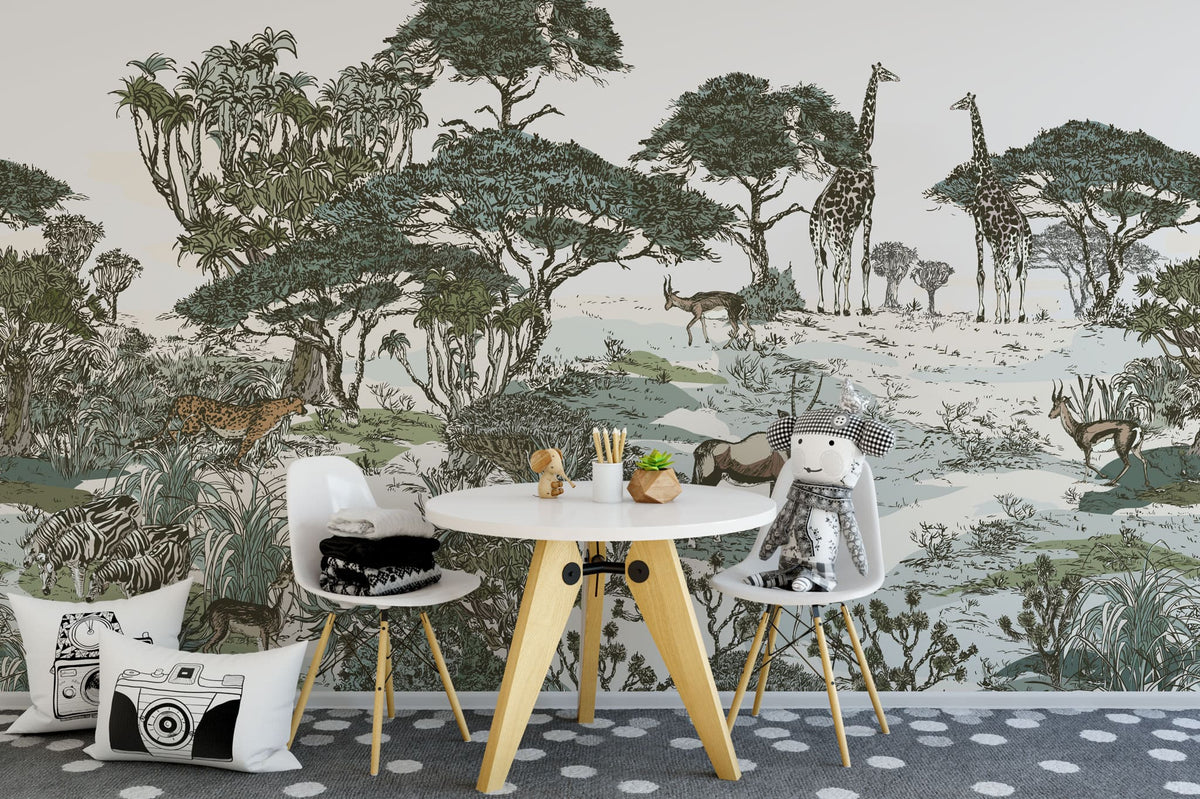 Tapet personalizat jungla amazoniana cu pentru copii palmieri bananieri plante tropicale si animale exotice printre care zebre leoparzi elefanti maimute jungle landscape