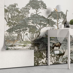 Tapet personalizat jungla amazoniana pentru copii cu peisaj safari cu animale exotice girafe capre negre safari sketch