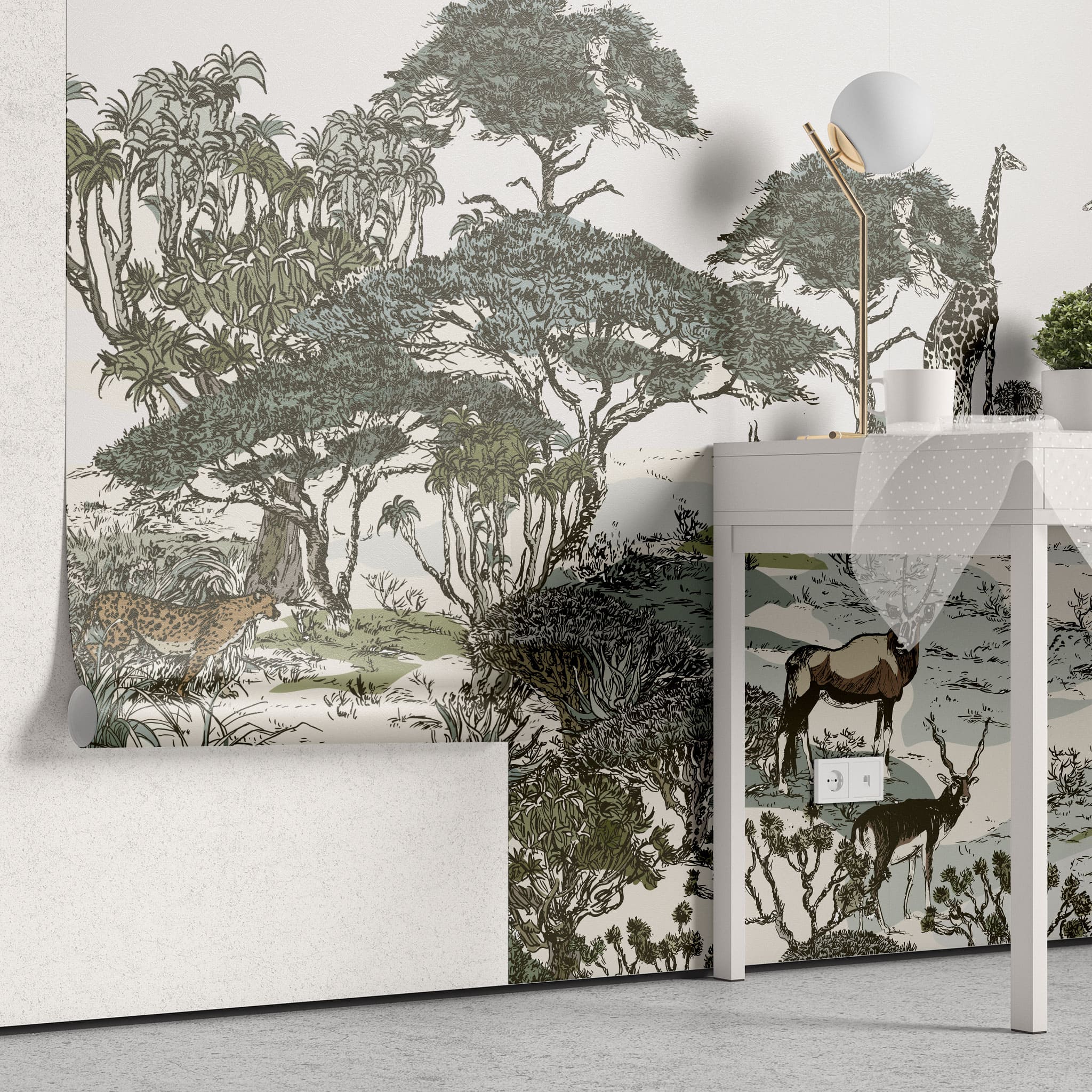 Tapet personalizat jungla amazoniana pentru copii cu peisaj safari cu animale exotice girafe capre negre safari sketch