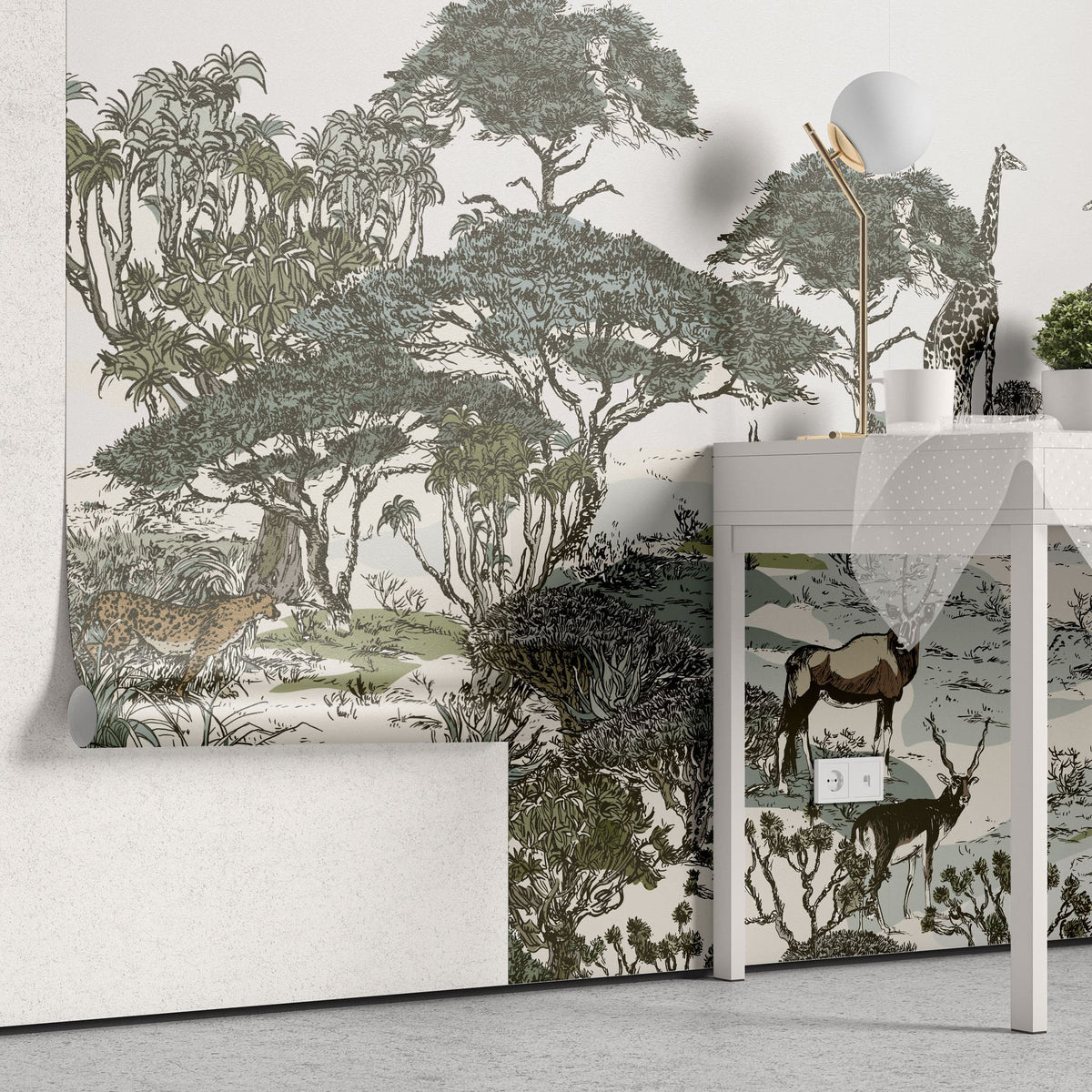 Tapet personalizat jungla amazoniana cu pentru copii palmieri bananieri plante tropicale si animale exotice printre care zebre leoparzi elefanti maimute jungle landscape