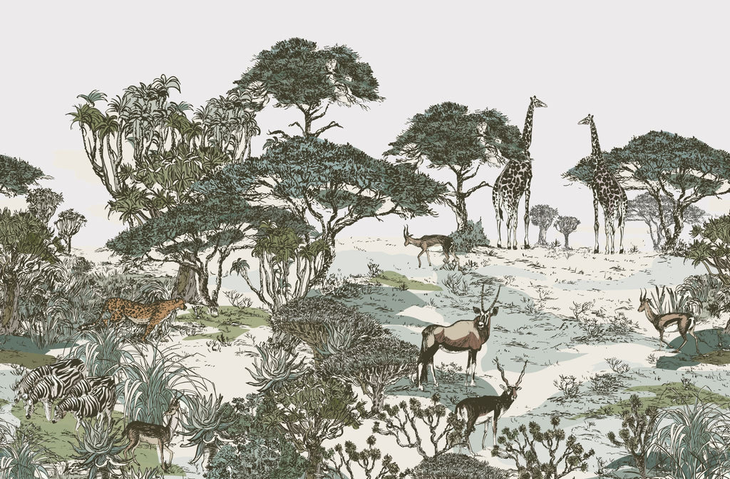 Tapet personalizat jungla amazoniana pentru copii cu peisaj safari cu animale exotice girafe capre negre safari sketch