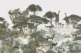 Tapet personalizat jungla amazoniana pentru copii cu peisaj safari cu animale exotice girafe capre negre safari sketch