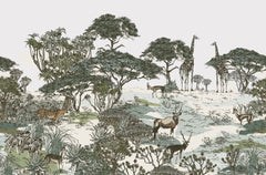 Tapet personalizat jungla amazoniana pentru copii cu peisaj safari cu animale exotice girafe capre negre safari sketch