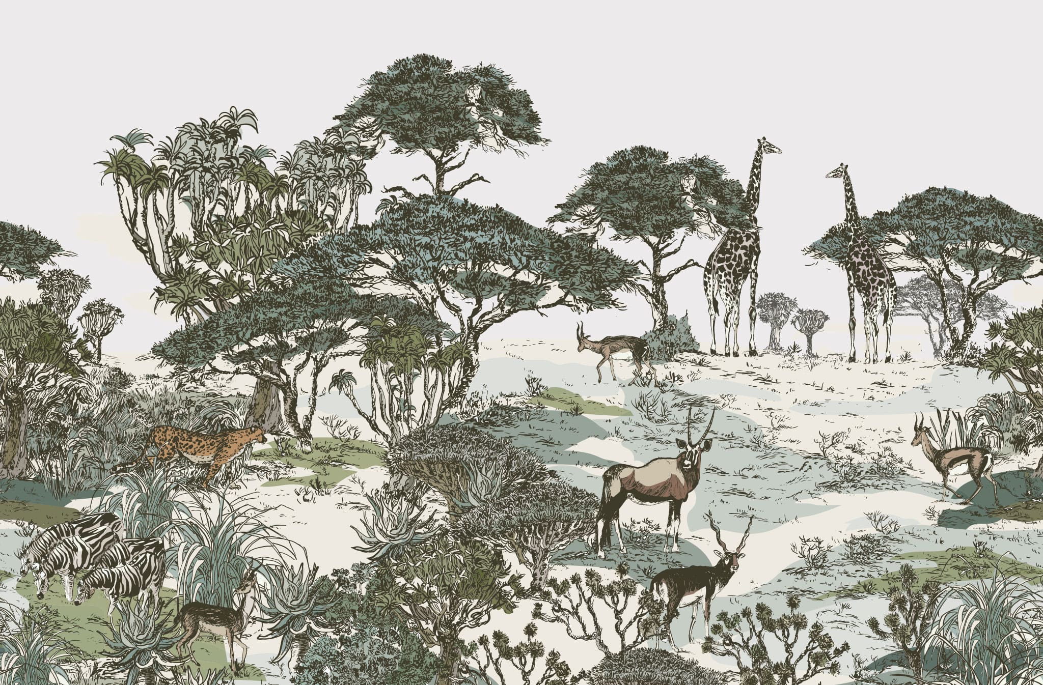 Tapet personalizat jungla amazoniana cu pentru copii palmieri bananieri plante tropicale si animale exotice printre care zebre leoparzi elefanti maimute jungle landscape
